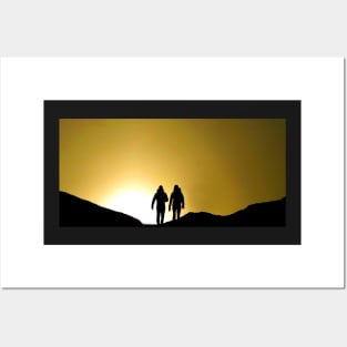 Silhouette of walker's on the peak of mam tor derbyshiire Posters and Art